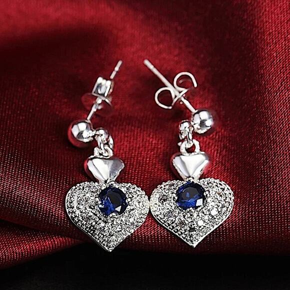 Sterling Silver Sapphire Heart Necklace Earrings Matching Set - Picture 5 of 6